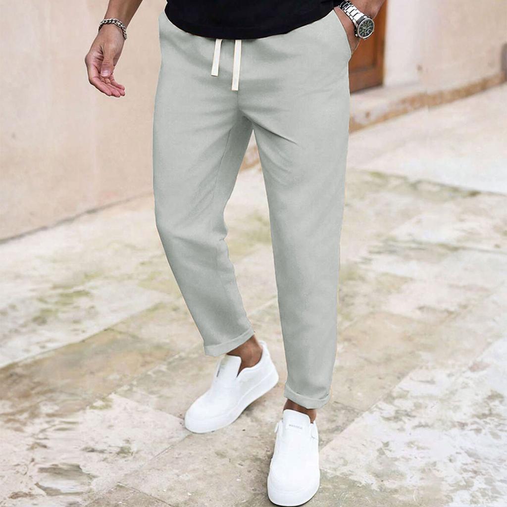 Pánské ležérní kalhoty s elastickým pasem se stahovací šňůrkou, prodyšné, jednobarevné