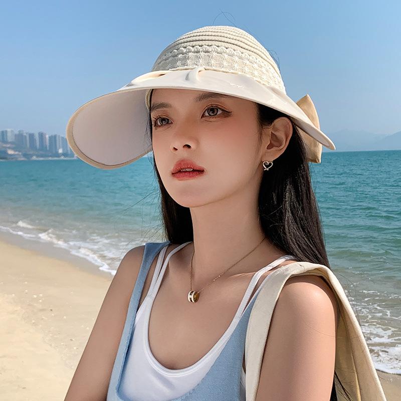 Summer Hat Women's Sunshade Sunscreen Sun Hat Empty Top Grid Large Brim Fashion Bow