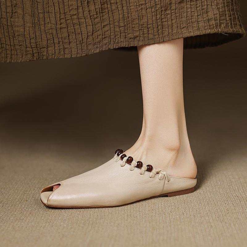 Mode 2025 Sommer Modestil Echtes Leder Peeptoe Pantoletten Damen Niedrige Dicke Absätze Freizeit Mules Damen Geschlossene Zehen Damen Sandalen