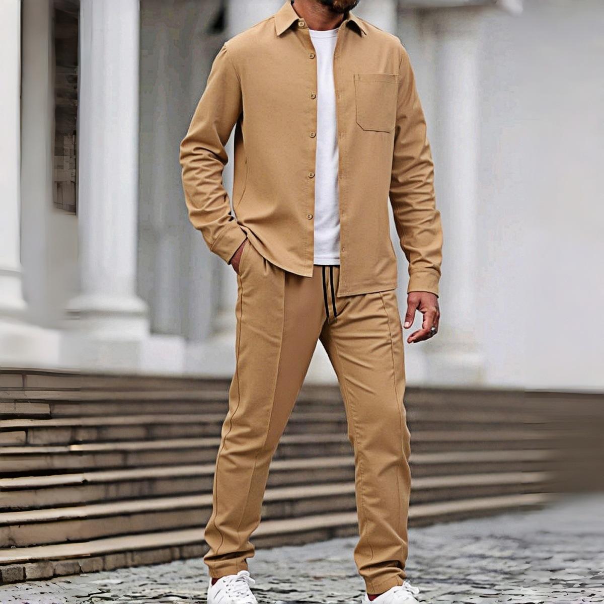 

Чоловічий двочастинний костюм європейського та американського стилю: Куртка з відкладним коміром та довгі робочі штани, високоякісний поліестер, зручний дизайн з довгими рукавами Medium хакі