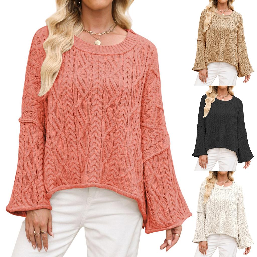 Women's Short Cable-Knit Loose Solid Color Knitted Round Neck Long Sleeve Sweater