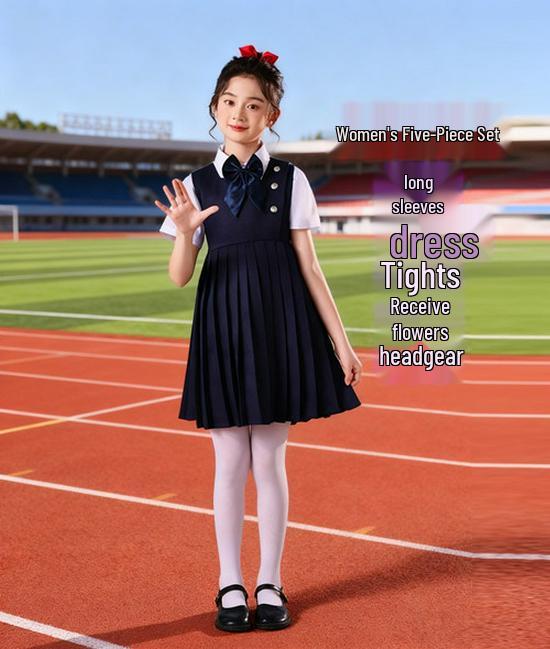 Children's Patriotic Choir Costumes - Boys & Girls Blue Outfits with Red Scarf for Recitation Competitions