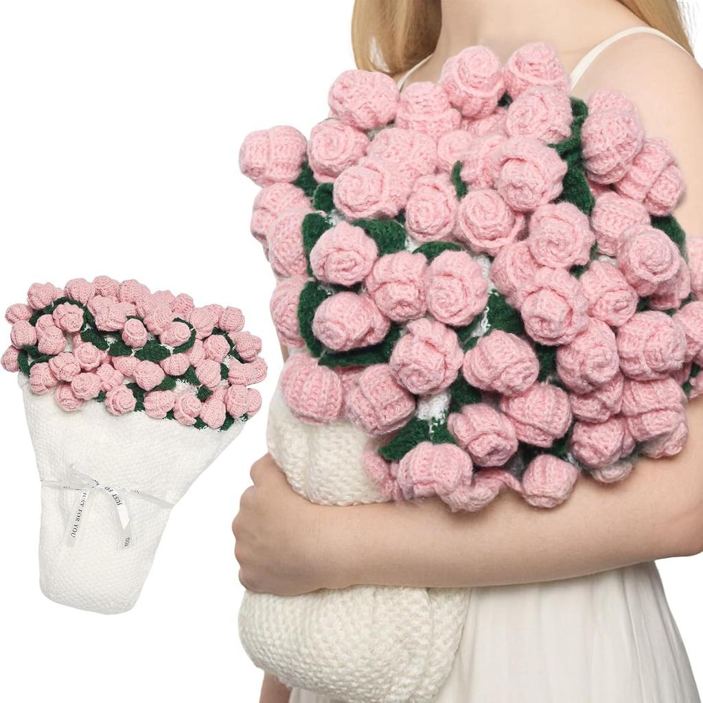 60/80/110/160cm Finished Rose Bouquet Blanket Knitted Nap Throw Blanket Gift for Girlfriend Best Friend Holiday Present with Gift bag