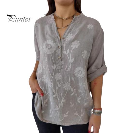 

Женская рубашка с V-образным вырезом, декором на пуговицах, коротким рукавом, свободным кроем, повседневная рубашка с цветочным принтом, удобные универсальные топы L