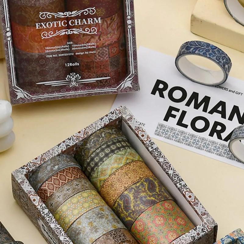 12 Rolls European Retro Washi Tape Scrapbooking Journaling DIY Planner Stationery Decor Art Creation Washi Tape Office Supplies