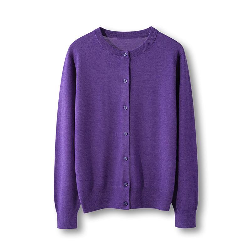 2026 Women's Elegant Fine Wool Cardigan - Loose, Slimming, Round Neck, Solid Color, Single-Breasted Outerwear
