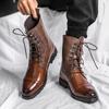 Men New Chelsea Ankle Boots Handsome Lace Up Motorcycle Shoes Net Red Thick Soled Casual Round Toe Boots
