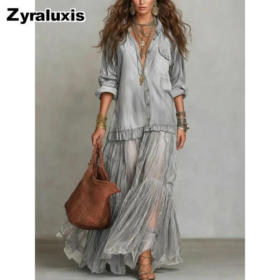 Trendy Vintage Retro Flapneck Denim Long Dress Casual Pocket Maxi Skirt for Women