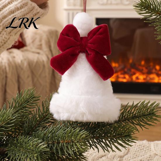 Retro Christmas Tree Accents Plush Santa Hat Ornament with Bow Decor, Xmas Hanging Pendant Soft Ornaments Lanyard for Holiday Decoration, Red