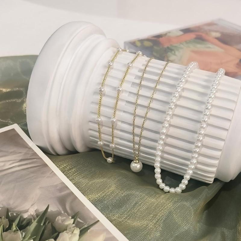 Chic Double Strand Choker Set Imitation Pearls Accents Alloy Clavicle Chain Jewelry For Daily Use