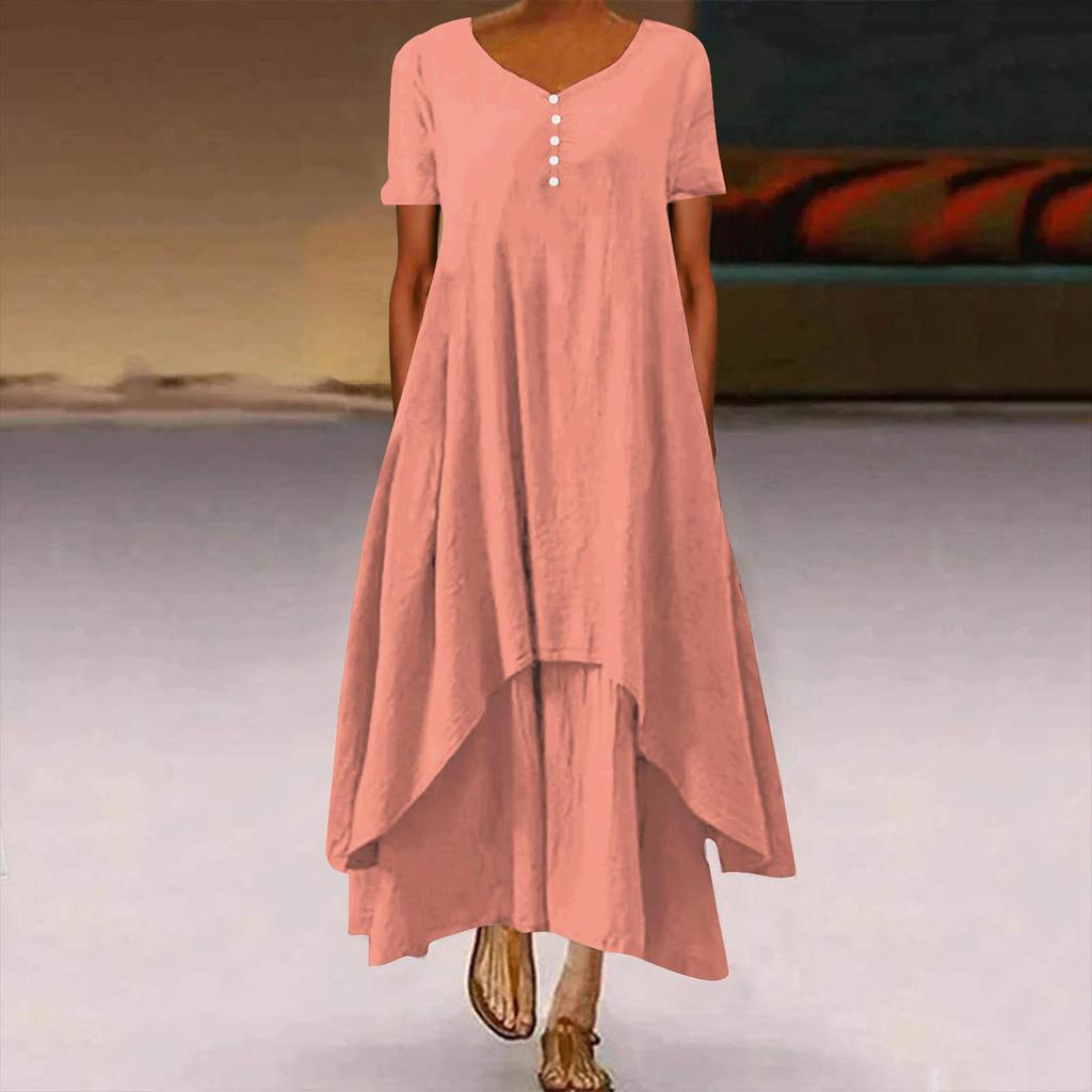 Women's Fashion Boho Solid Color Short Sleeve Loose Casual Irregular Dress