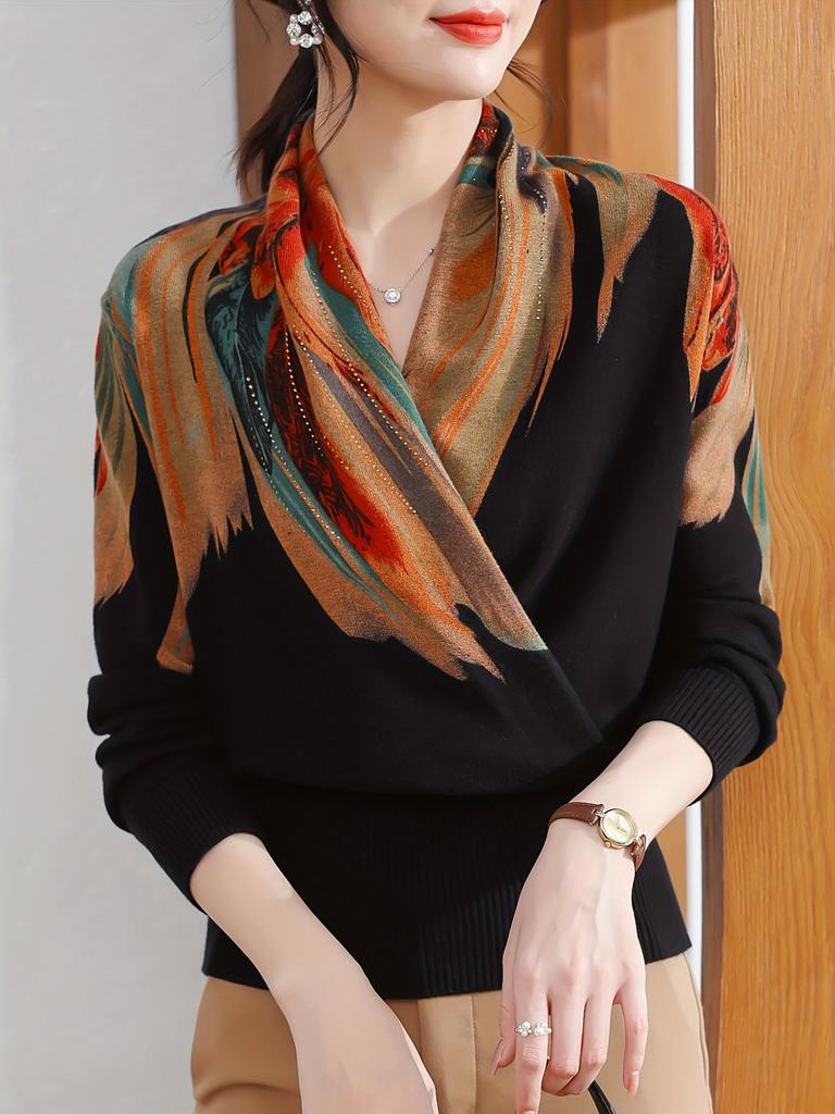Ladies' Elegant Long Sleeved Soft and Warm Cross Neck Knitted Sweater with Printed V-neck Base Sweater