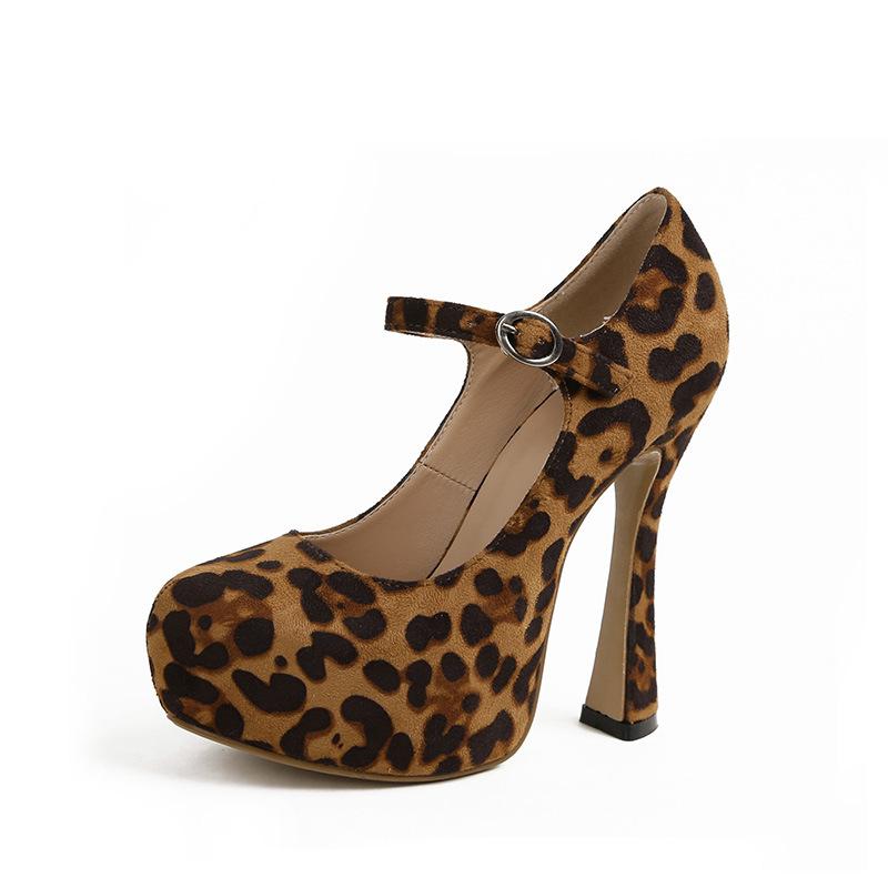 Fashion Sexy Leopard Waterproof Platform Women Pumps Round Toe Buckle Strap Super High Heels Women Shallow Mouth Shoes Big Size 35-45