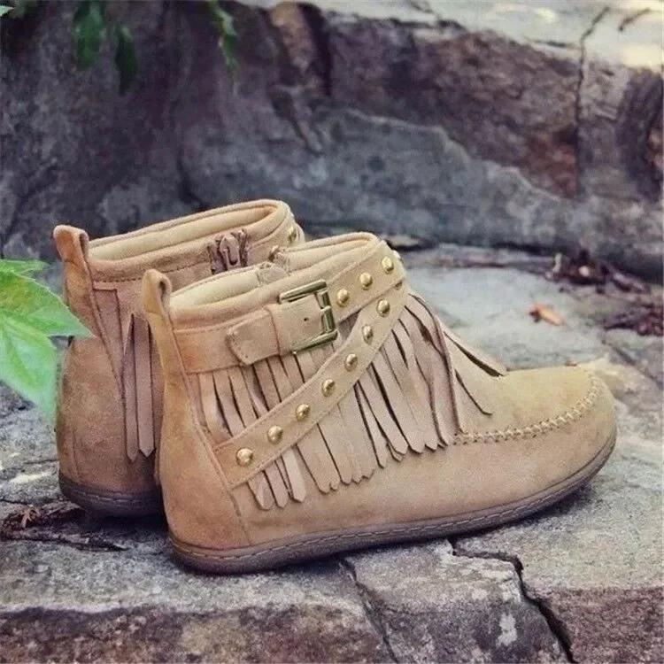Fashion Vintage Women Boots Suede Ankle Boots Fringe Women Shoes Winter Boots Women Side Zipper Casual Shoes Round Toe Ladies Snow Boot