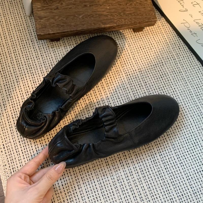 Sheepskin version~ Mary Jane shoes women's new French ballet shoes women's flat-bottomed pleated retro versatile light mouth single shoes