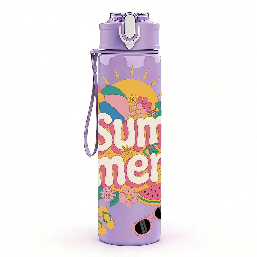 1PC Sum Mer Sun Bright Summer Lettering Art 750ml Color Plastic Sports Water Bottle Leakproof Flip Straw Lid Suitable for Sports Office Home Use