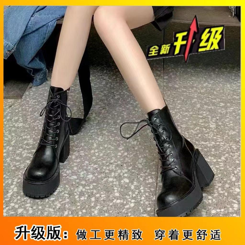 Round Head Thick Heel Lace-up Martin Boots Women's High Heel Waterproof Platform Platform Platform Short Boots Small Retro Soft Leather Boots Women