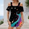 Plus Size Women Cold Shoulder Flutter Sleeve T Shirt Vintage Usa Star Stripe Brush Print Short Sleeve Top