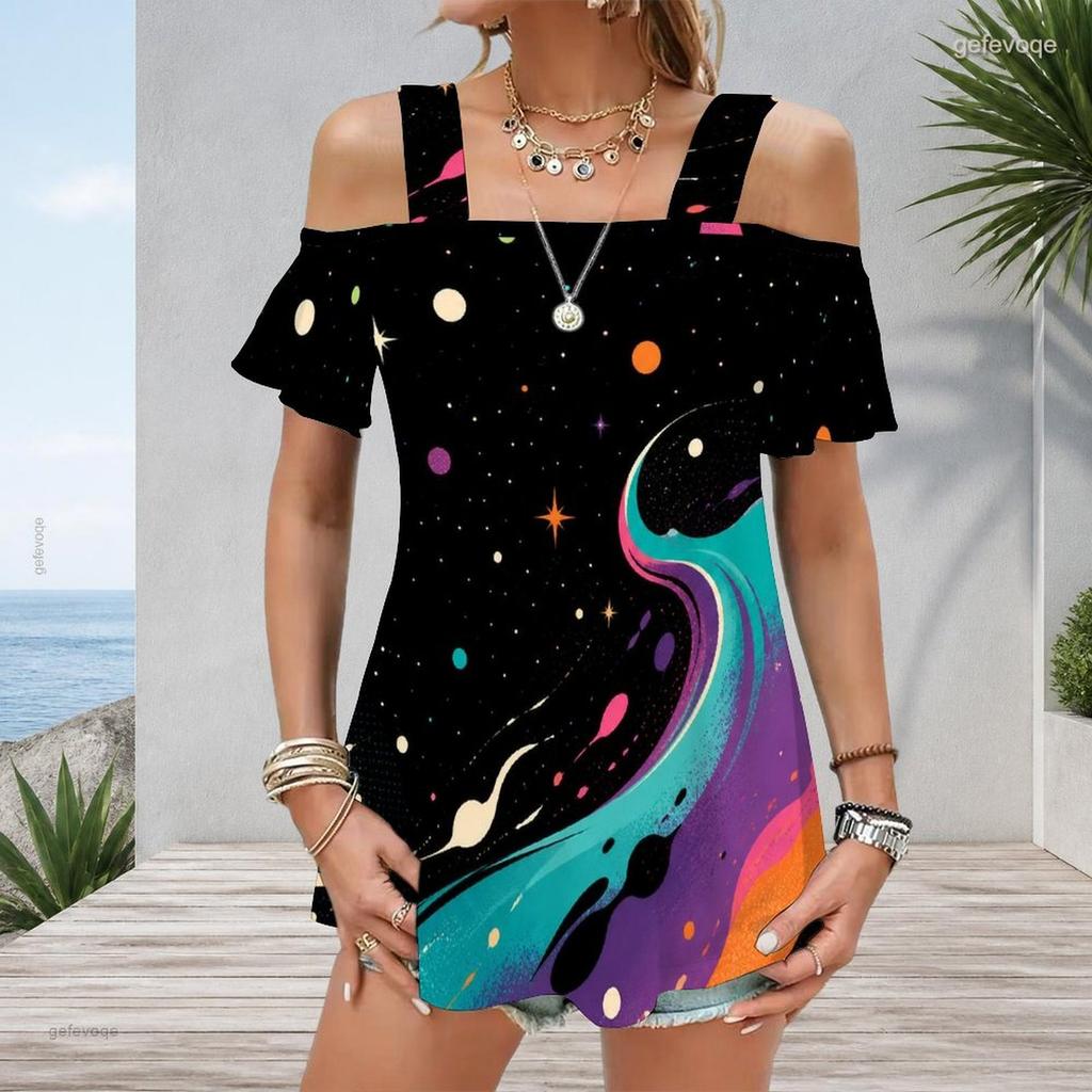 Plus Size Women Cold Shoulder Flutter Sleeve T Shirt Vintage Usa Star Stripe Brush Print Short Sleeve Top