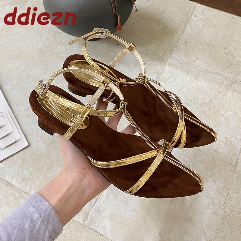 Fashion Fashion Shallow Women Low Heel Sandals Shoes Female Summer Spring Pointed Toe Footwear T-Strap Ladies Heeled Sandals Shoes
