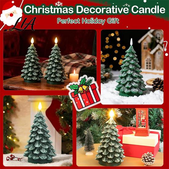 Indoor Holiday Lighting Christmas Tree Candles, Flameless LED Flickering Wax Candles with Remote Control, Battery Operated Realistic Pine Decor