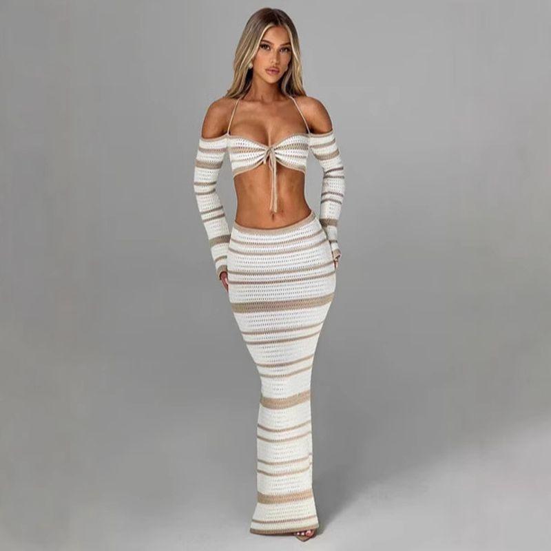 Long Sleeve Neck Hanging Dress Set Long Sleeves Halter Top Bodycon Dress Suit