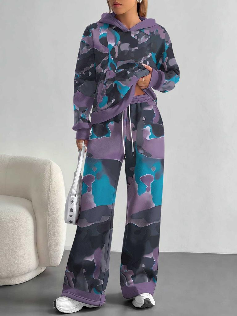 Color Graffiti European and American Autumn and Winter Casual Long-sleeved Suit Women's Hooded Sweater Trousers Two-piece Set