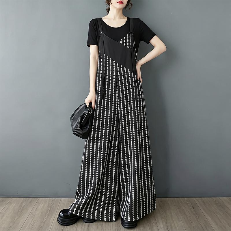 ZANZEA Womens Stripe Print Loose Casual Sleeveless Dungarees Wide Leg Jumpsuits M чёрный