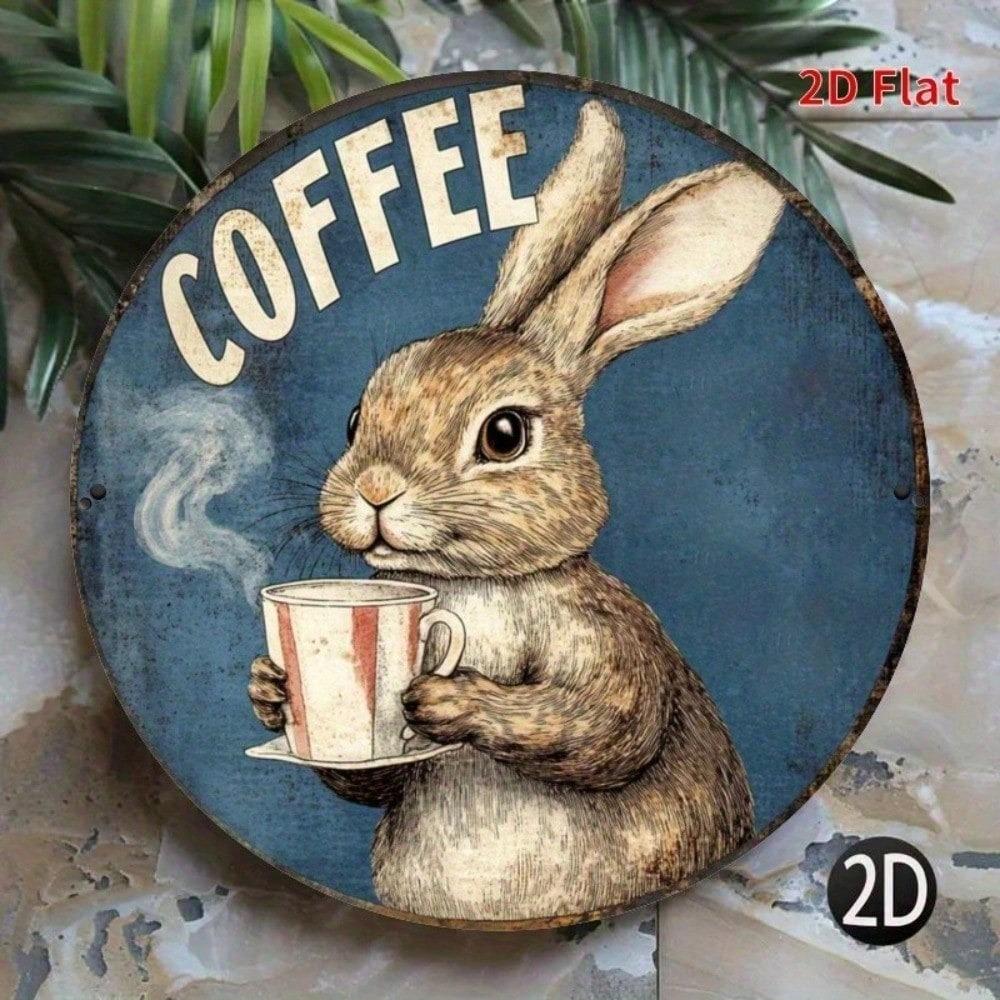 Vintage Kaninchen Kaffee Metallblechschild, 8x8 Zoll Rundes Wanddekor für Bar Café, Haustier Tier Kunstdruck