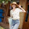 Fragrant Cherry Embroidered V-neck Knitted Women's Short Sleeve Top