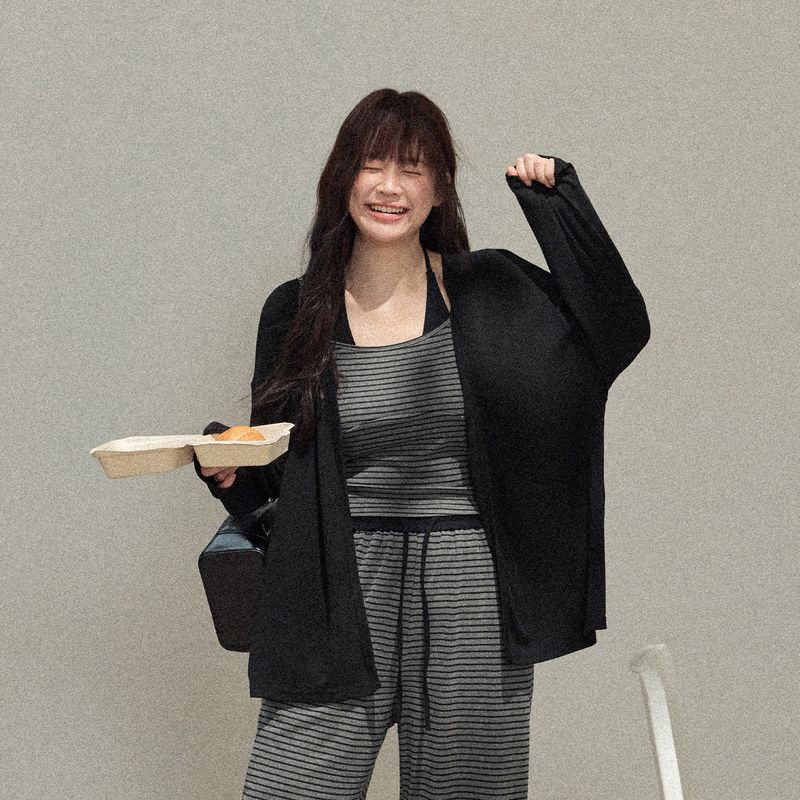 

Zhang Ren Plus Size Women s Clothing Slightly Oversized Girls Korean Style Slim Looking Wear Black Outwear Lazy Black Gray Stripes Casual Suit