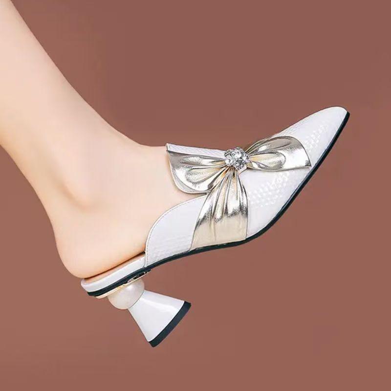 Spring Chinese-style Rhinestone Soft Leather Bow Slippers, Thick Heel Fashion Wear Versatile Semi-drag Sandals