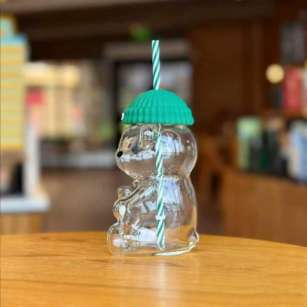 For New Starbucks Christmas Limited Edition Bear Hat Coffee Straw Cup Transparent And Lovely Style Portable Christmas Gift
