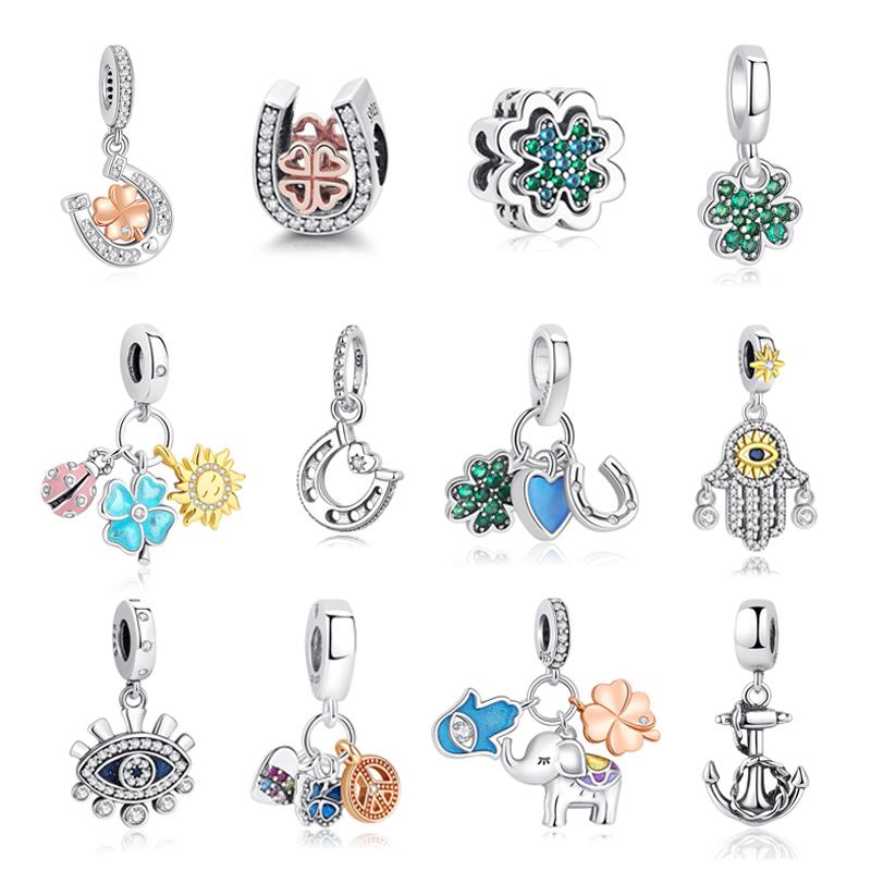 Original 925 Sterling Copper Charms Lucky Clover Horseshoe Hamsa Hand Bead Fit Brand Bracelets Necklaces DIY Zircon For Women
