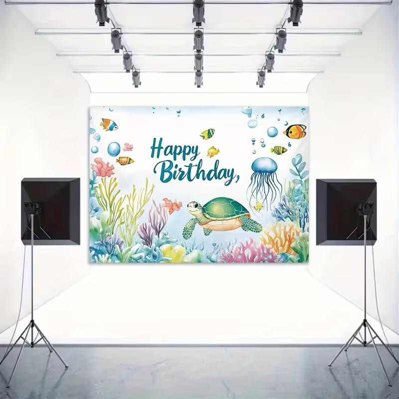 2D Watercolor Ocean Birthday Backdrop, Underwater Sea Turtle Kids Party Photo Booth Banner