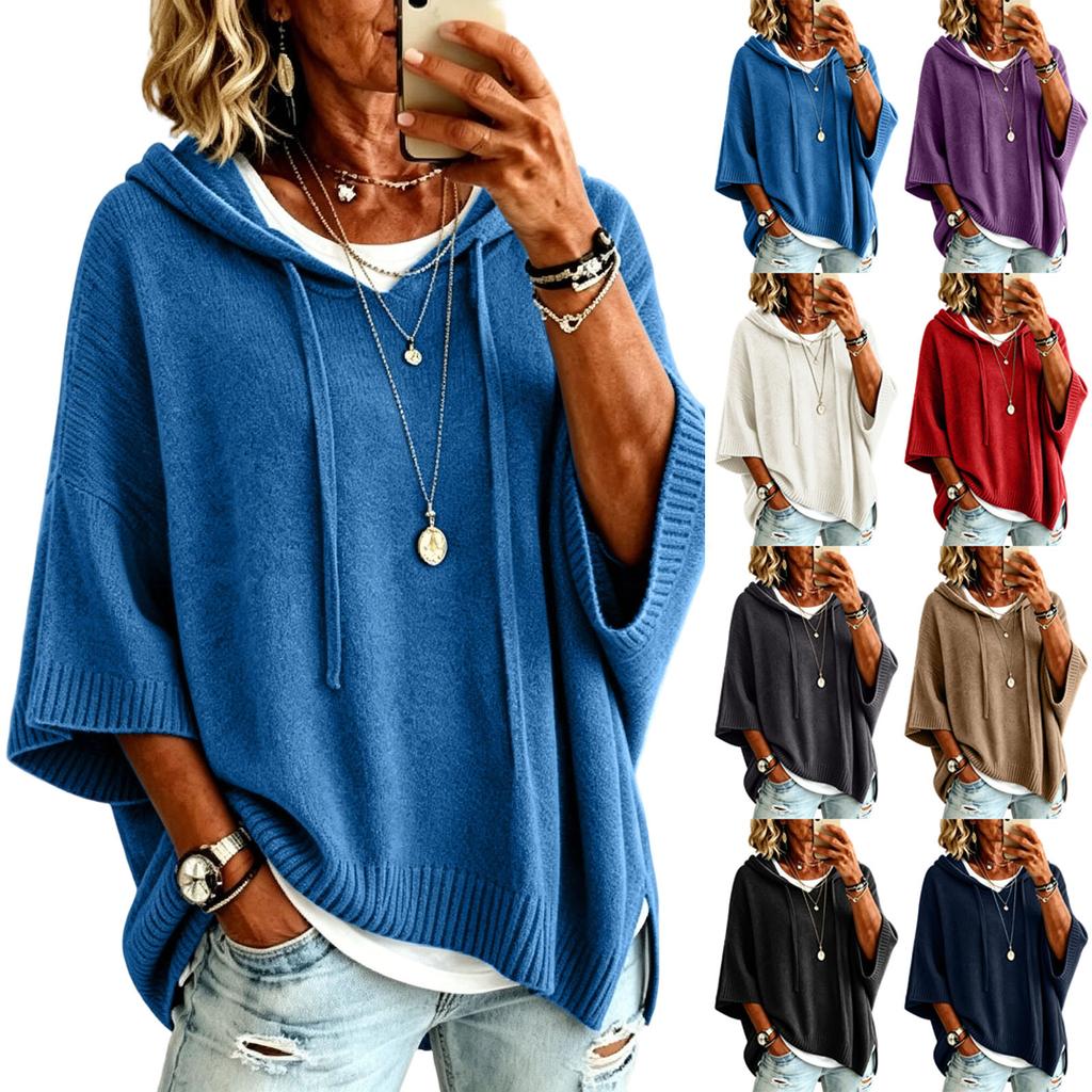 Women's Loose Fit Hooded Drawstring Sweater with Three-Quarter Sleeves Color Casual Top