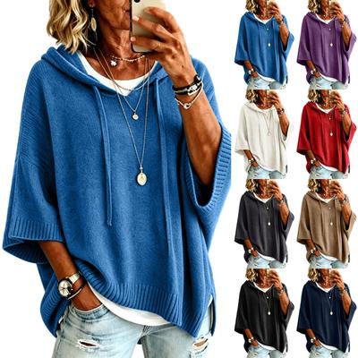 Women's Loose Fit Hooded Drawstring Sweater with Three-Quarter Sleeves Color Casual Top