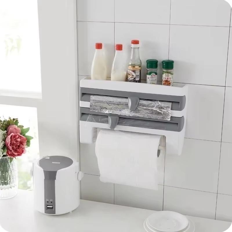 Wall Mounted Kitchen Tissue Holder Sauce Bottle Holder 4-in-1 Plastic Packaging Cutting Rack Storage Rack