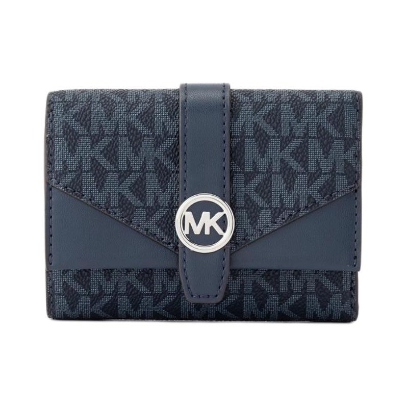 MICHAEL KORS Greenwich Metal Logo Tri-Fold Coated Canvas Wallet Medium Unisex Couple Navy Blue синий