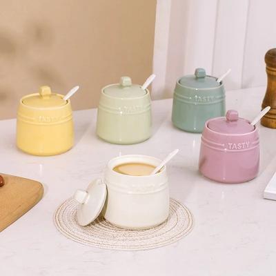 Porcelain Condiment Jar Container with Lid Spoon Ceramic Sugar Bowls Seasoning Box Salt Jars Tea Caddy for Kitchen Countertop