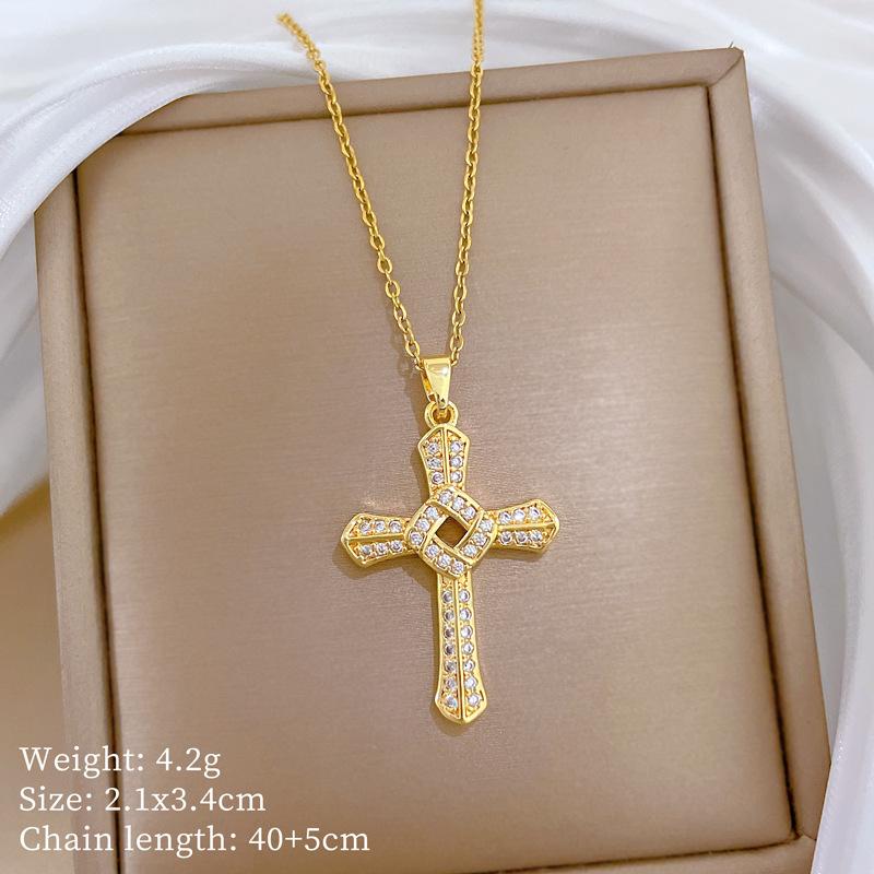Rotating Cross Light Luxury Temperament Gorgeous Full Diamond Necklace Female Versatile Collarbone Chain Titanium Steel Chain