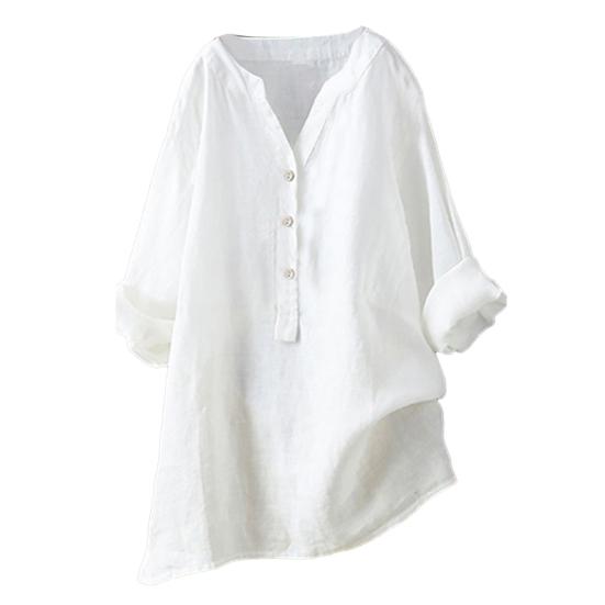 Plus Size Women Solid Color V Neck Long Sleeve Shirt Loose Linen Blouse Top