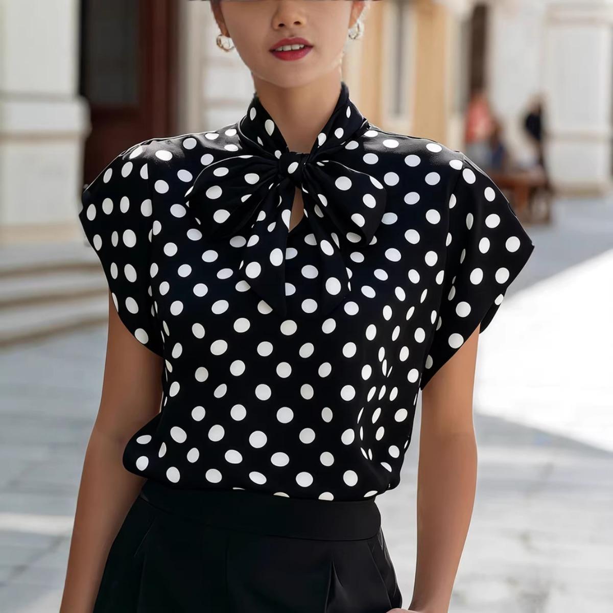 

Summer Polka Dot Short Sleeve Lace-up Blouse Shirt Women s Casual Fashion Top for Outdoor Daily Wear S