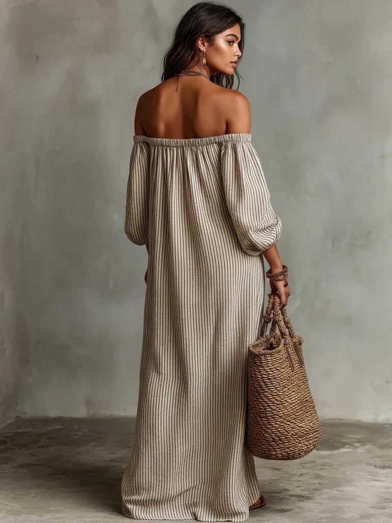 In Stock 2026: New European & American Style Women's Off-the-Shoulder Striped Dress for Spring & Summer Vacation