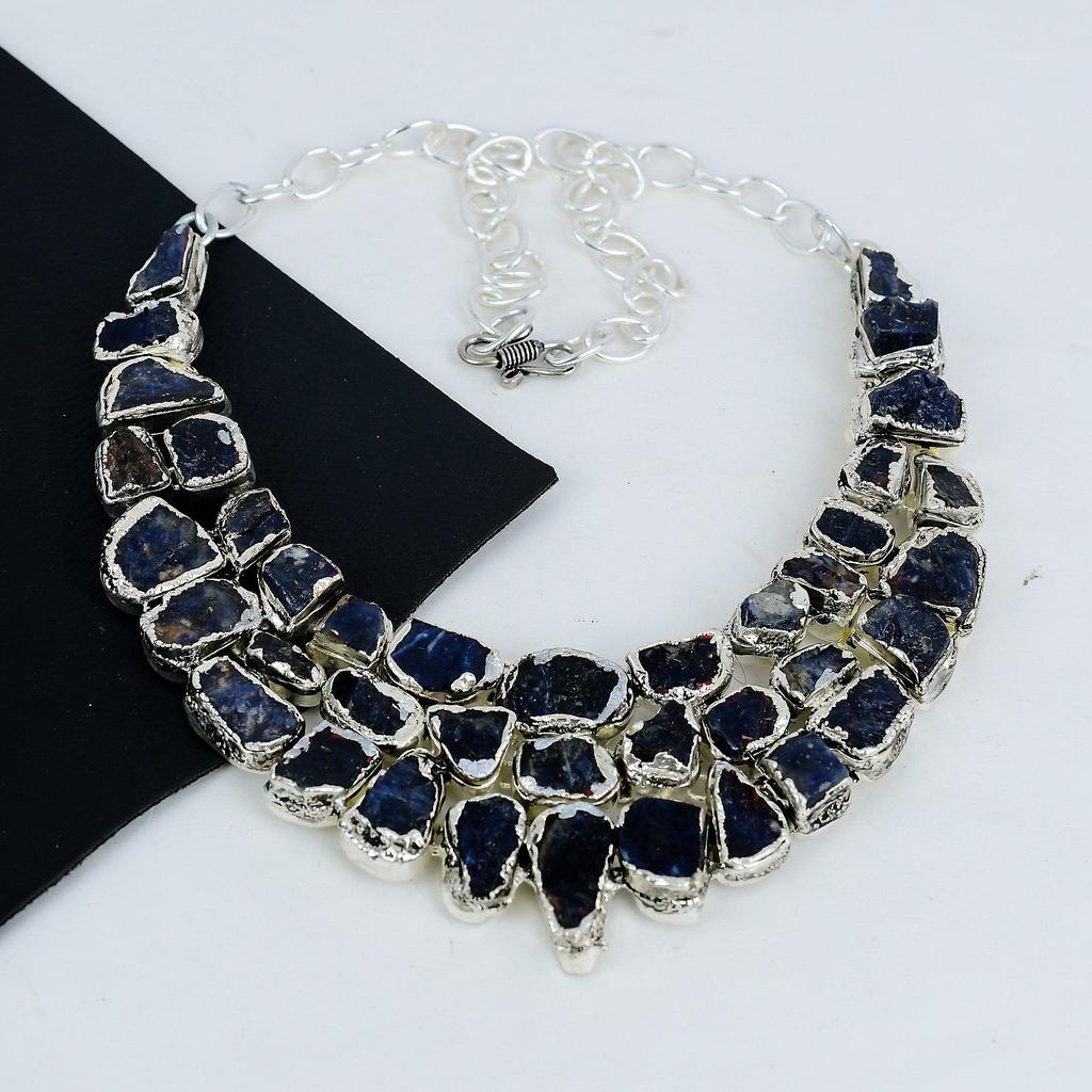 Natural Raw Sodolite Gemstone Handmade 925 Sterling Silver Electroform Necklace, Raw Sodolite Silver Necklace For Wife, Unisex Necklace Mom Gift