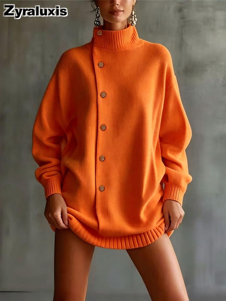 Nouveau Cardigan Long Tricoté à Col Haut pour Femmes Mode Automne Hiver Tendance Réduisant l'Âge Lâche Vêtement d'Extérieur