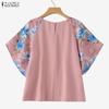 ZANZEA Women Casual Round Neck Floral Print Splice Half Sleeve Blouse