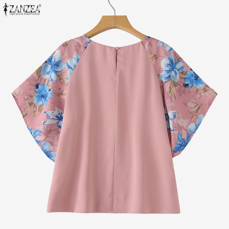 ZANZEA Women Casual Round Neck Floral Print Splice Half Sleeve Blouse