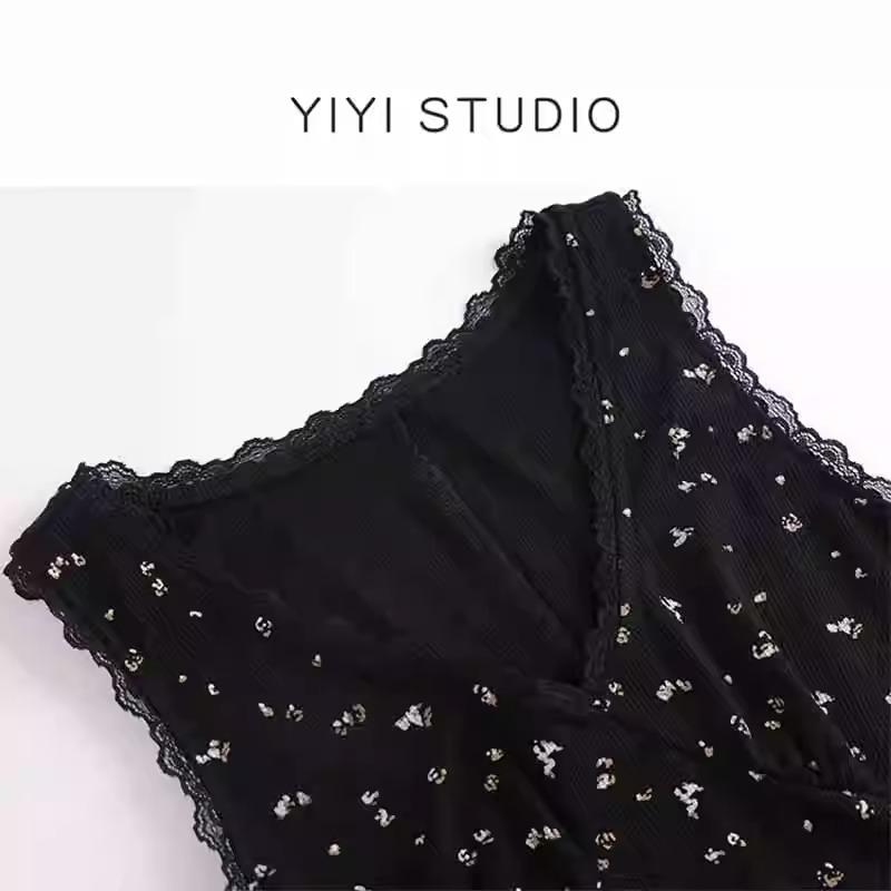 Small Spring and Summer Temperament Suspender Dress Women's Black Floral Waist Dress