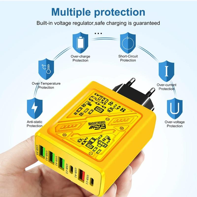 PD 65W Ladegerät USB C Schnellladung 6 Anschlüsse Handy-Ladegerät USB Typ C Ladegerät Für iPhone Xiaomi Handy Adapter EU US UK Stecker